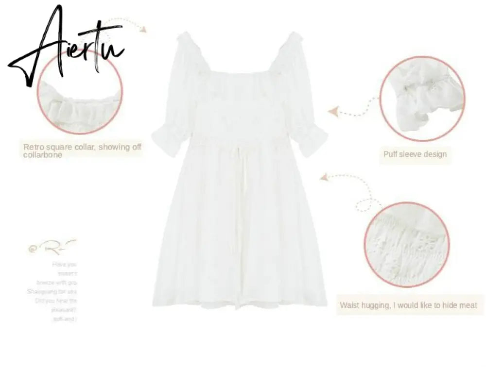 Aiertu White Puff Sleeve Korean Style Fairy Dresses Lace Chiffon French Japan Style Kawaii Elegant Vintage Dress Women clothing Aiertu
