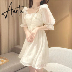 Aiertu White Puff Sleeve Korean Style Fairy Dresses Lace Chiffon French Japan Style Kawaii Elegant Vintage Dress Women clothing Aiertu