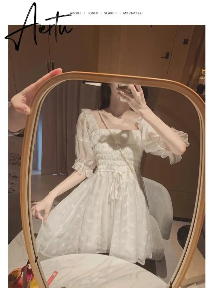 Aiertu White Puff Sleeve Korean Style Fairy Dresses Lace Chiffon French Japan Style Kawaii Elegant Vintage Dress Women clothing Aiertu