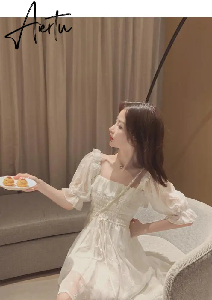 Aiertu White Puff Sleeve Korean Style Fairy Dresses Lace Chiffon French Japan Style Kawaii Elegant Vintage Dress Women clothing Aiertu