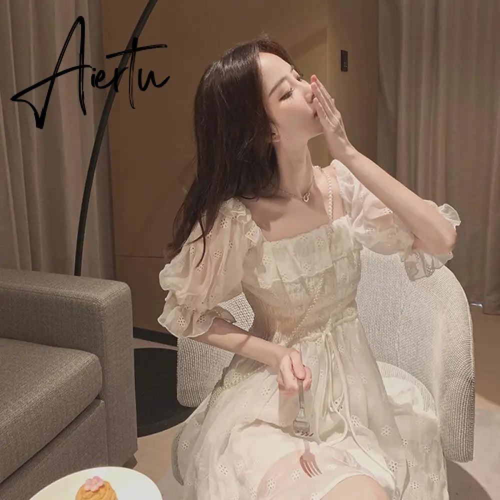 Aiertu White Puff Sleeve Korean Style Fairy Dresses Lace Chiffon French Japan Style Kawaii Elegant Vintage Dress Women clothing Aiertu
