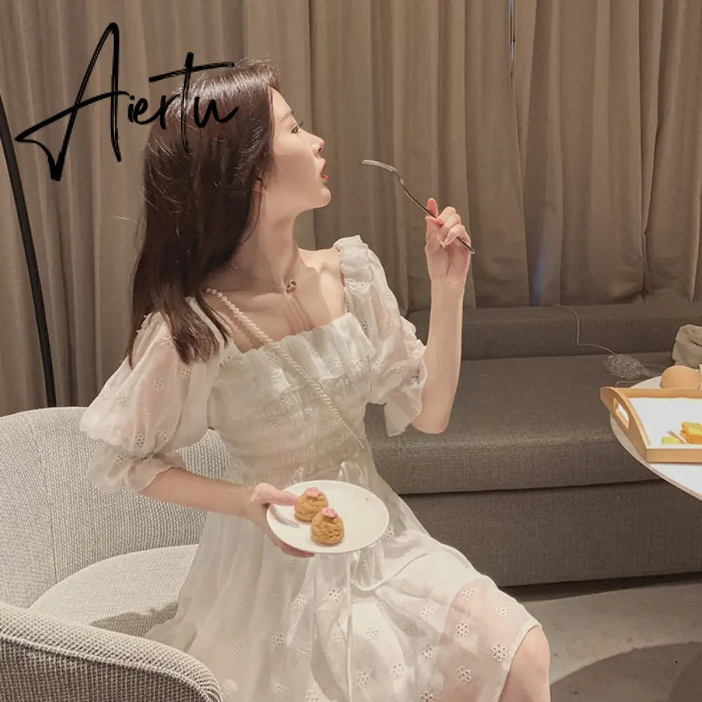 Aiertu White Puff Sleeve Korean Style Fairy Dresses Lace Chiffon French Japan Style Kawaii Elegant Vintage Dress Women clothing Aiertu