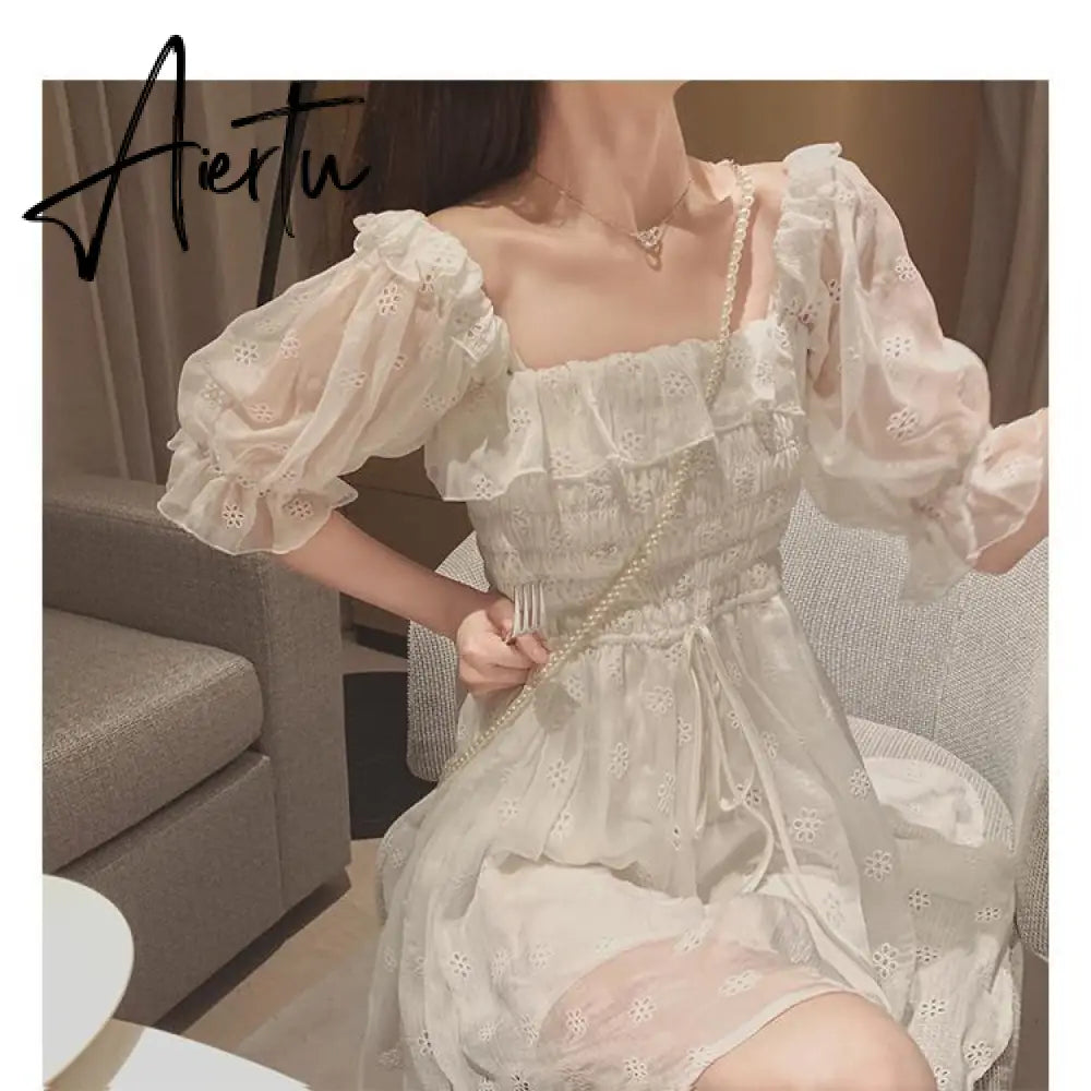 Aiertu White Puff Sleeve Korean Style Fairy Dresses Lace Chiffon French Japan Style Kawaii Elegant Vintage Dress Women clothing Aiertu