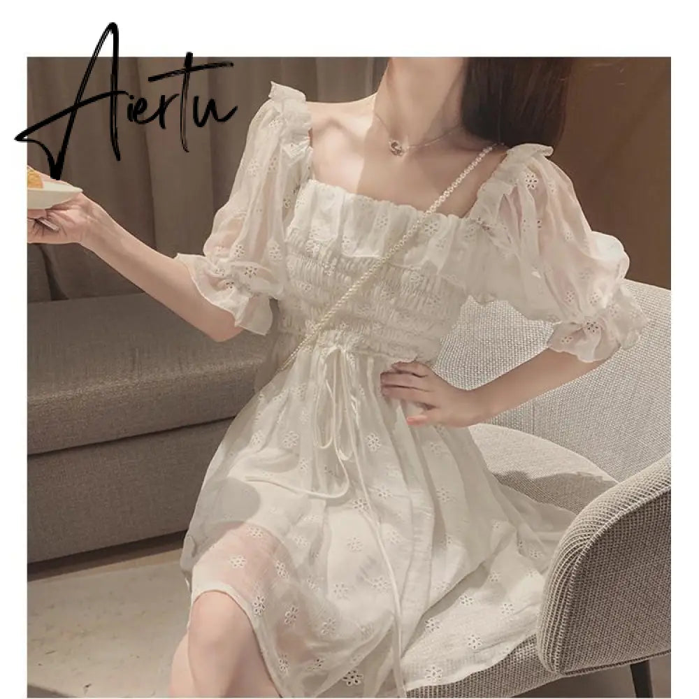 Aiertu White Puff Sleeve Korean Style Fairy Dresses Lace Chiffon French Japan Style Kawaii Elegant Vintage Dress Women clothing Aiertu