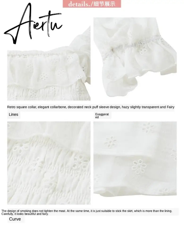 Aiertu White Puff Sleeve Korean Style Fairy Dresses Lace Chiffon French Japan Style Kawaii Elegant Vintage Dress Women clothing Aiertu