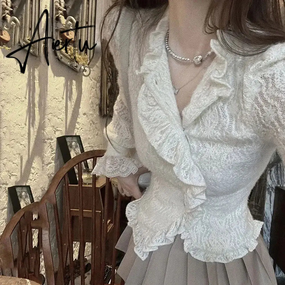Aiertu White Ruffle Women Shirts V-neck Long Sleeve Lace Tunic Blouses Blusas Moda Sweet Korean Retro Elegant Blouse Tops Aiertu