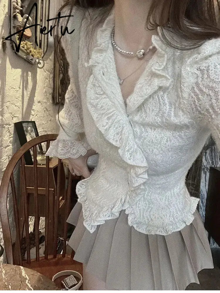 Aiertu White Ruffle Women Shirts V-neck Long Sleeve Lace Tunic Blouses Blusas Moda Sweet Korean Retro Elegant Blouse Tops Aiertu