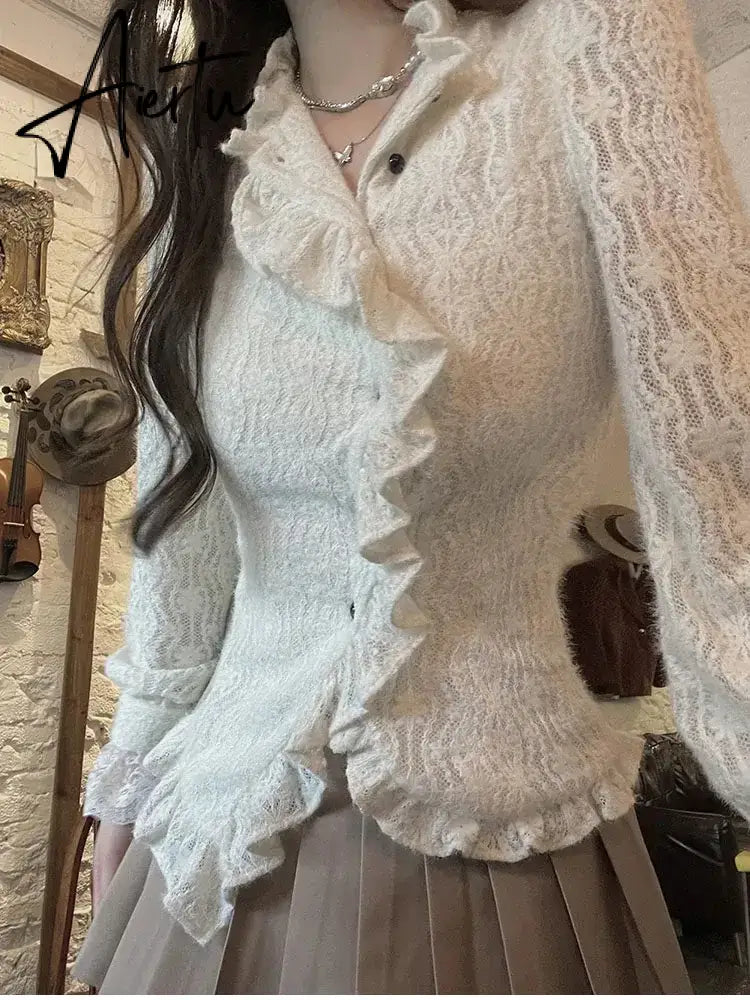 Aiertu White Ruffle Women Shirts V-neck Long Sleeve Lace Tunic Blouses Blusas Moda Sweet Korean Retro Elegant Blouse Tops Aiertu