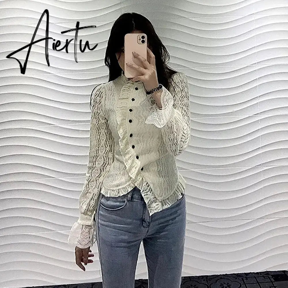 Aiertu White Ruffle Women Shirts V-neck Long Sleeve Lace Tunic Blouses Blusas Moda Sweet Korean Retro Elegant Blouse Tops Aiertu