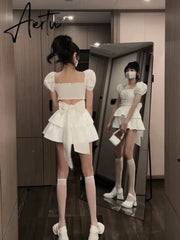 Aiertu  White Sexy Backless Mini Dress Women Korean Fashion Casual Elegant Party Dress Female Ruffle Kawaii Lolita Party Y2k Dress Aiertu