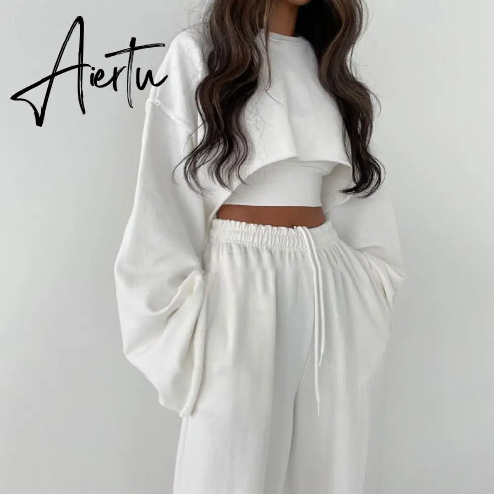 Aiertu  White Three Piece Set For Women O Neck Long Sleeve Tops Sleeveless Vest Wide Leg Pants Female Casual Sets New Aiertu