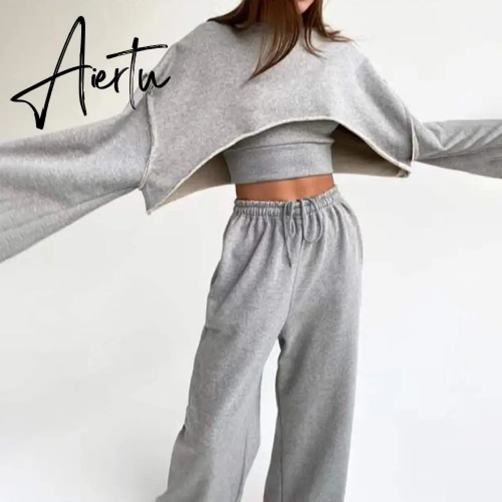 Aiertu  White Three Piece Set For Women O Neck Long Sleeve Tops Sleeveless Vest Wide Leg Pants Female Casual Sets New Aiertu