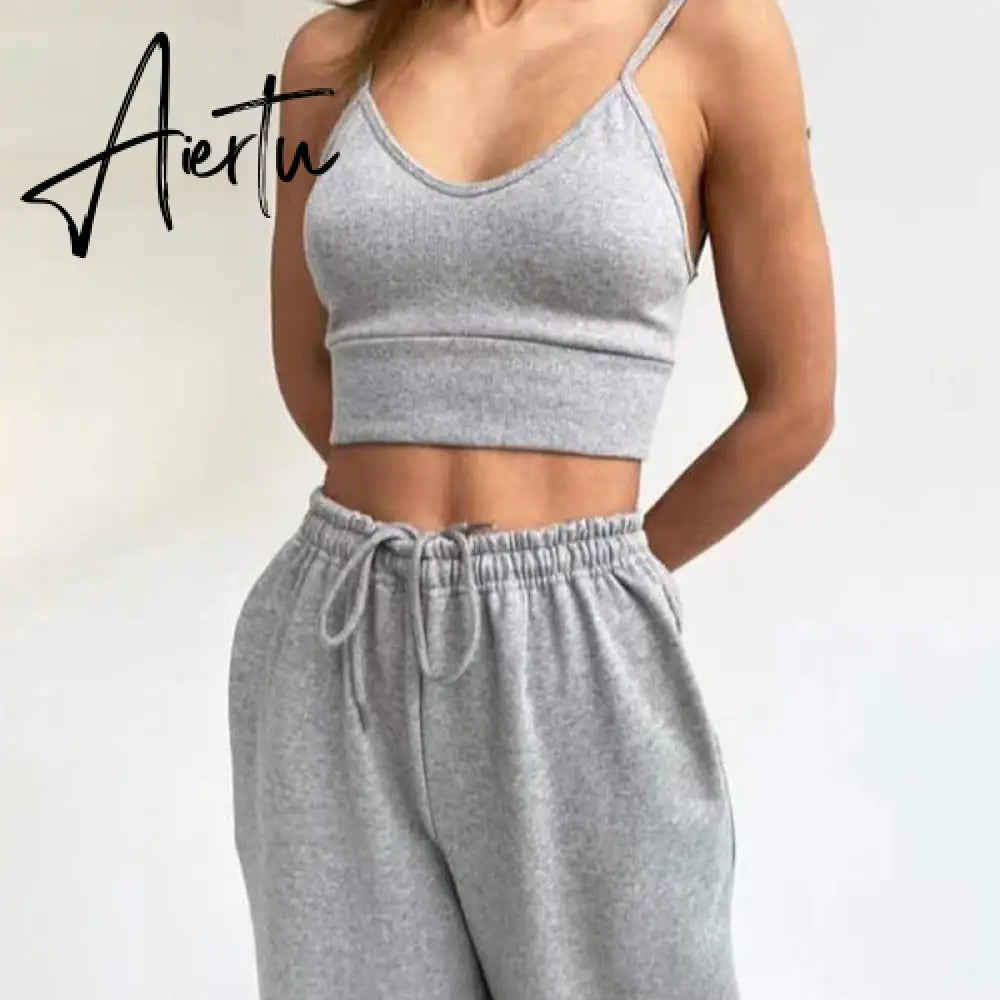 Aiertu  White Three Piece Set For Women O Neck Long Sleeve Tops Sleeveless Vest Wide Leg Pants Female Casual Sets New Aiertu