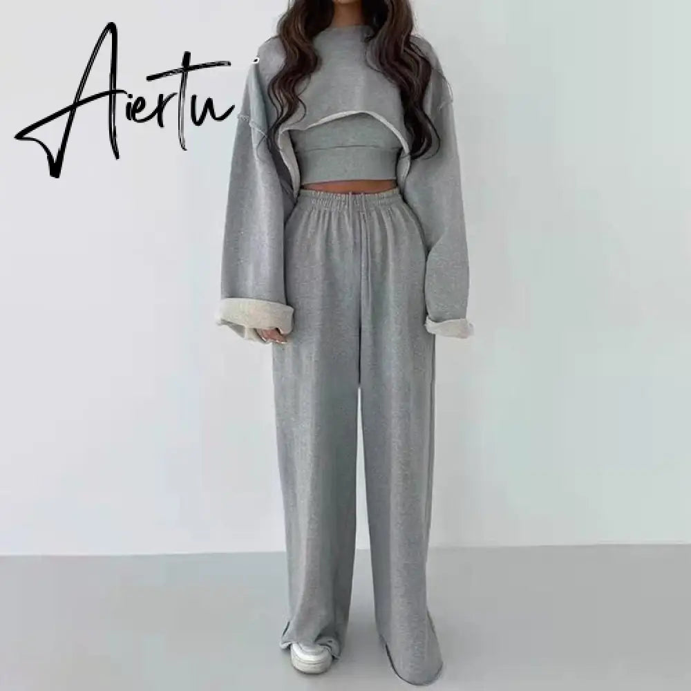 Aiertu  White Three Piece Set For Women O Neck Long Sleeve Tops Sleeveless Vest Wide Leg Pants Female Casual Sets New Aiertu