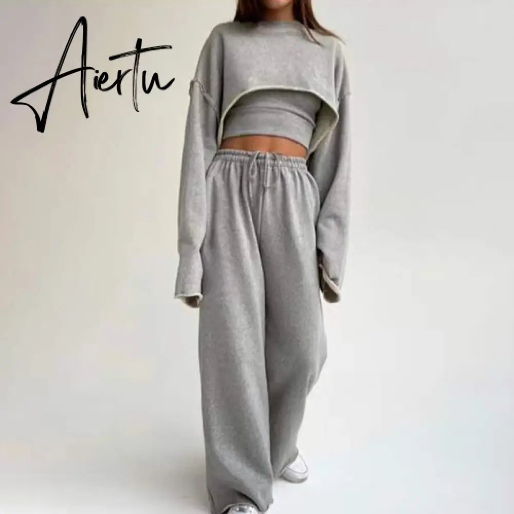 Aiertu  White Three Piece Set For Women O Neck Long Sleeve Tops Sleeveless Vest Wide Leg Pants Female Casual Sets New Aiertu