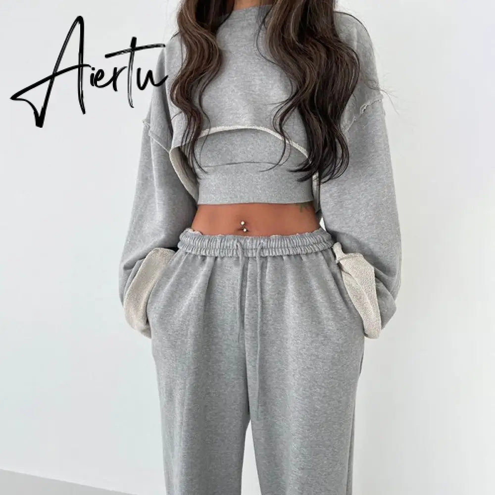 Aiertu  White Three Piece Set For Women O Neck Long Sleeve Tops Sleeveless Vest Wide Leg Pants Female Casual Sets New Aiertu