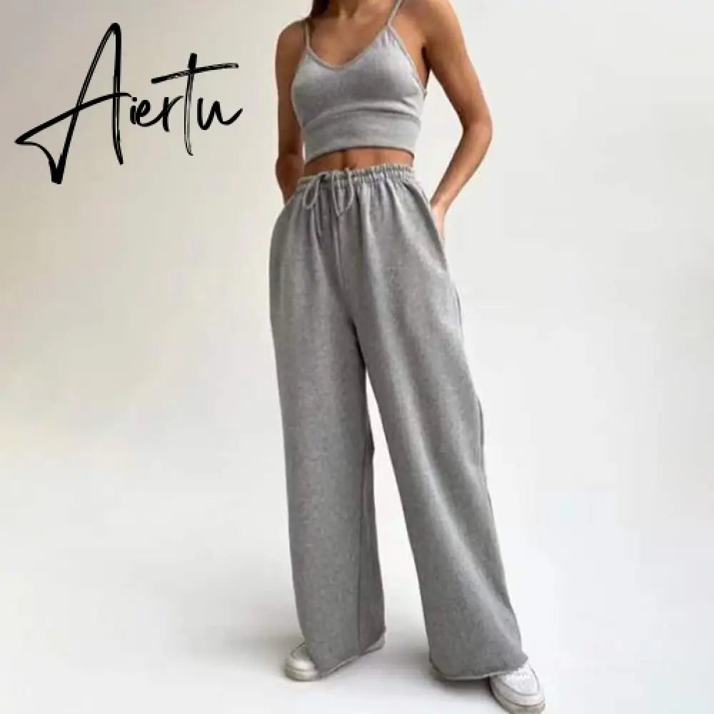 Aiertu  White Three Piece Set For Women O Neck Long Sleeve Tops Sleeveless Vest Wide Leg Pants Female Casual Sets New Aiertu