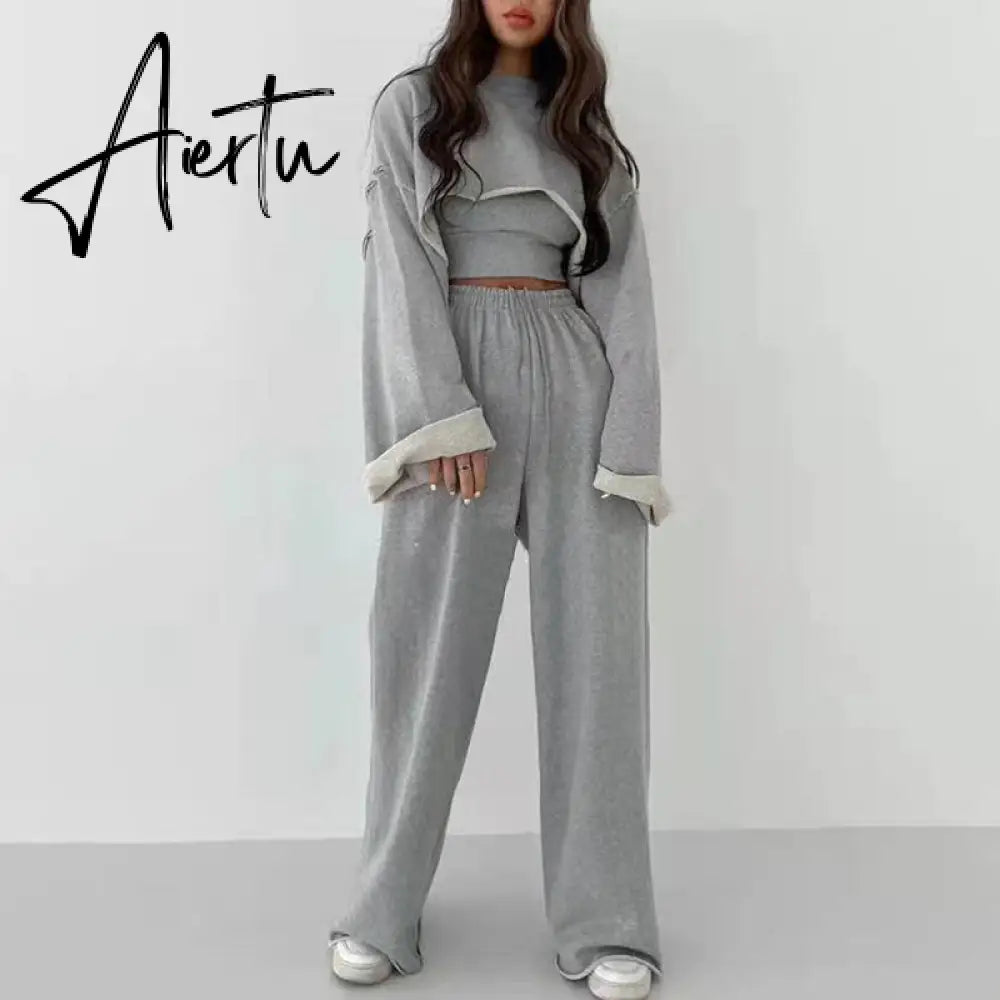 Aiertu  White Three Piece Set For Women O Neck Long Sleeve Tops Sleeveless Vest Wide Leg Pants Female Casual Sets New Aiertu