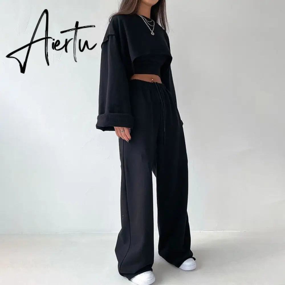 Aiertu  White Three Piece Set For Women O Neck Long Sleeve Tops Sleeveless Vest Wide Leg Pants Female Casual Sets New Aiertu