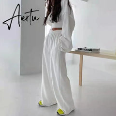 Aiertu  White Three Piece Set For Women O Neck Long Sleeve Tops Sleeveless Vest Wide Leg Pants Female Casual Sets New Aiertu