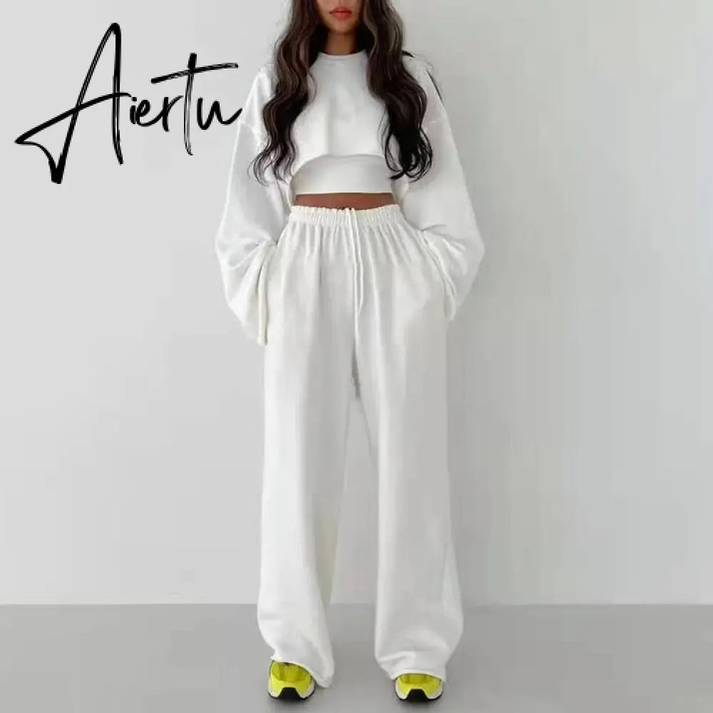 Aiertu  White Three Piece Set For Women O Neck Long Sleeve Tops Sleeveless Vest Wide Leg Pants Female Casual Sets New Aiertu