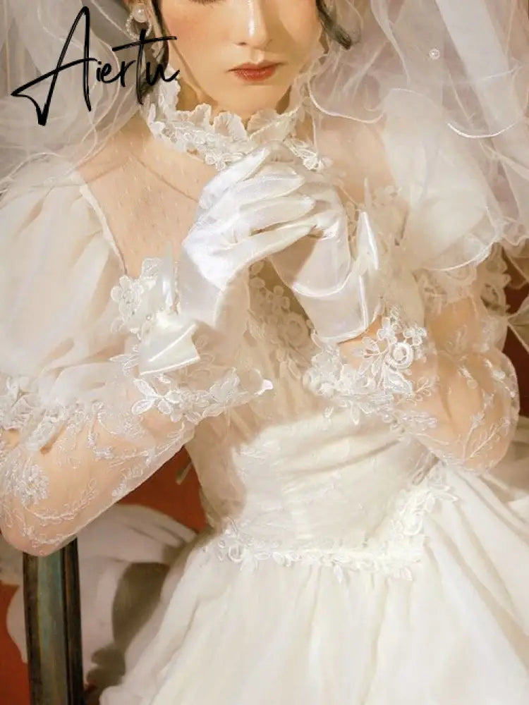 Aiertu White Vintage Wedding Elegant Dress Women Puff Sleeve Elegant Evening Party Long Dress Lace O-neck Korea Sweet Dress Female 2024 Aiertu