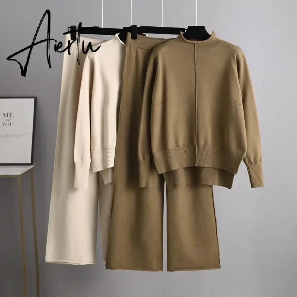 Aiertu Winter Female Knitted Two Pieces Suits Solid  Sweater Top+ Wide Leg Long Pants Sets Women Loose Warm Sweater Suits Aiertu
