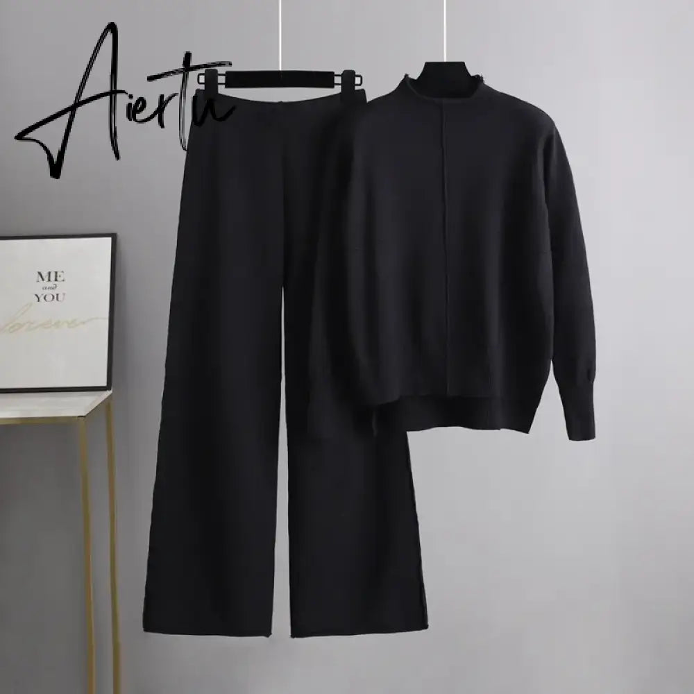 Aiertu Winter Female Knitted Two Pieces Suits Solid  Sweater Top+ Wide Leg Long Pants Sets Women Loose Warm Sweater Suits Aiertu