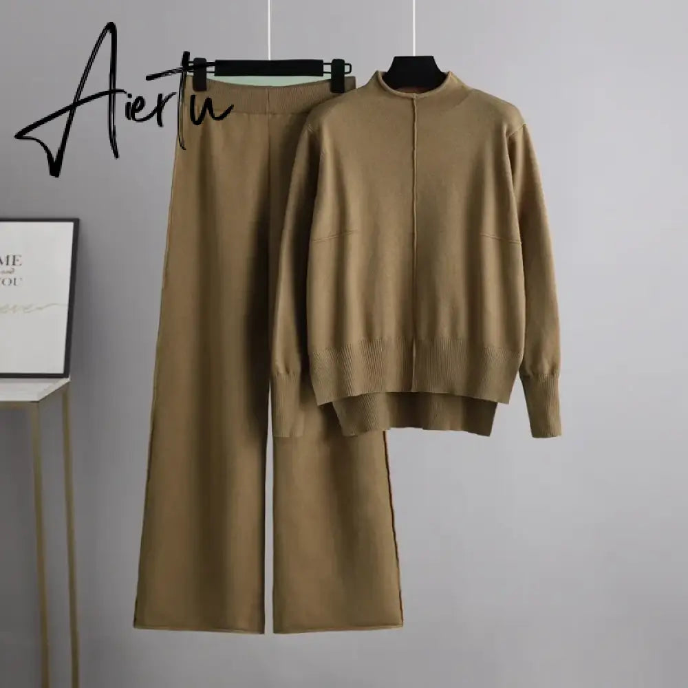Aiertu Winter Female Knitted Two Pieces Suits Solid  Sweater Top+ Wide Leg Long Pants Sets Women Loose Warm Sweater Suits Aiertu