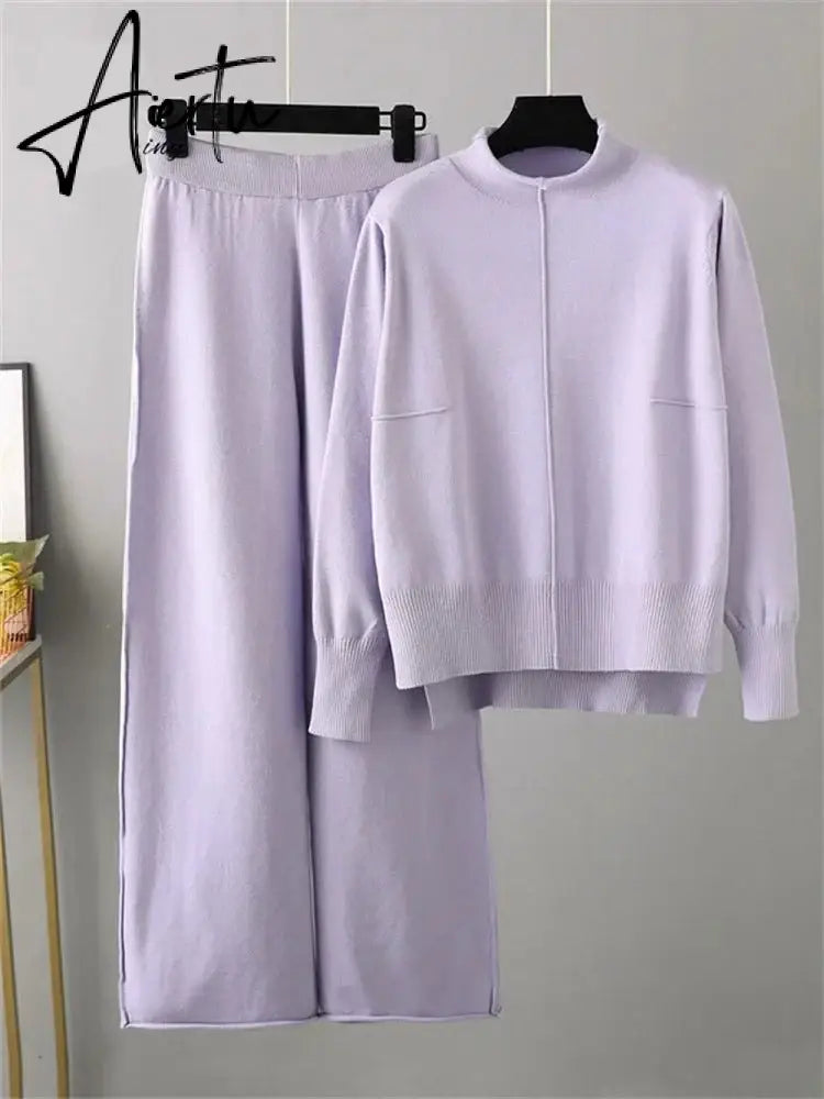 Aiertu Winter Female Knitted Two Pieces Suits Solid  Sweater Top+ Wide Leg Long Pants Sets Women Loose Warm Sweater Suits Aiertu