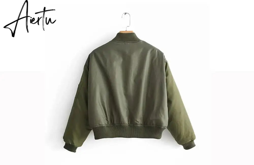 Aiertu  Winter Thicken Bomber Jacket Women Zipper Cropped Coat Long Sleeve Oversized Outwear Vintage Puffer Jackets Parkas Aiertu
