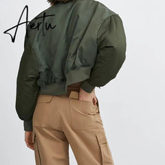 Aiertu  Winter Thicken Bomber Jacket Women Zipper Cropped Coat Long Sleeve Oversized Outwear Vintage Puffer Jackets Parkas Aiertu