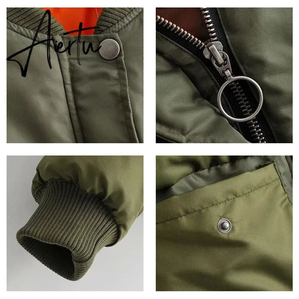 Aiertu  Winter Thicken Bomber Jacket Women Zipper Cropped Coat Long Sleeve Oversized Outwear Vintage Puffer Jackets Parkas Aiertu