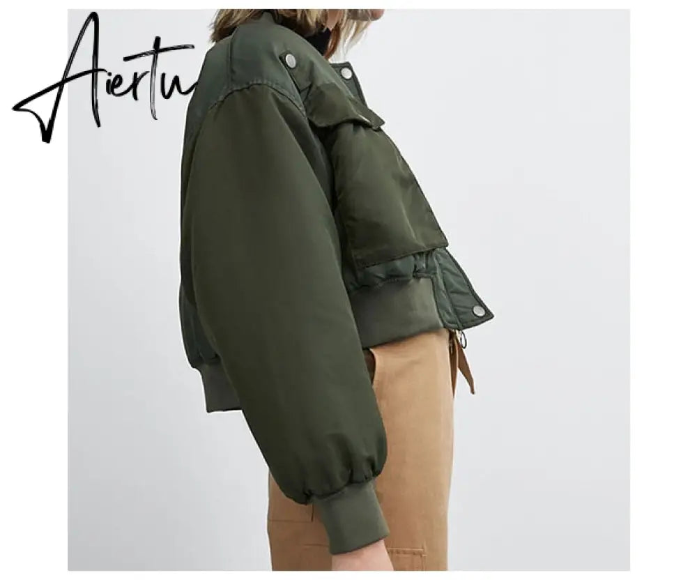 Aiertu  Winter Thicken Bomber Jacket Women Zipper Cropped Coat Long Sleeve Oversized Outwear Vintage Puffer Jackets Parkas Aiertu