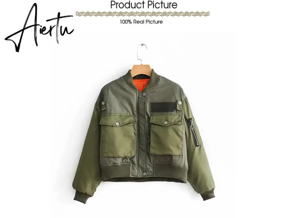 Aiertu  Winter Thicken Bomber Jacket Women Zipper Cropped Coat Long Sleeve Oversized Outwear Vintage Puffer Jackets Parkas Aiertu