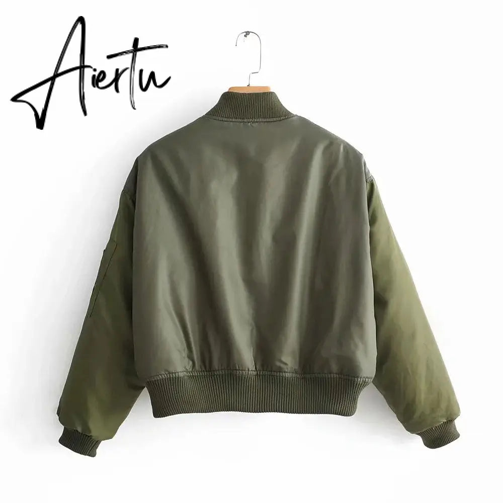 Aiertu  Winter Thicken Bomber Jacket Women Zipper Cropped Coat Long Sleeve Oversized Outwear Vintage Puffer Jackets Parkas Aiertu