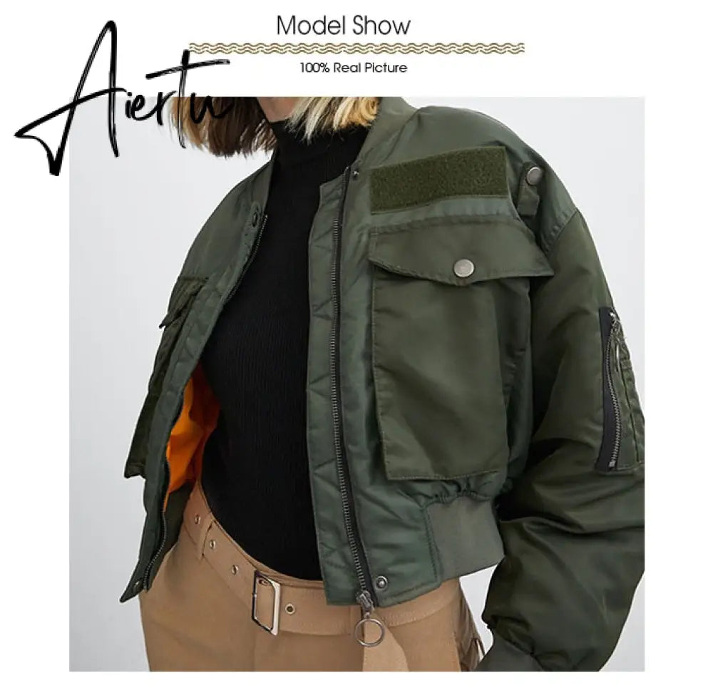 Aiertu  Winter Thicken Bomber Jacket Women Zipper Cropped Coat Long Sleeve Oversized Outwear Vintage Puffer Jackets Parkas Aiertu
