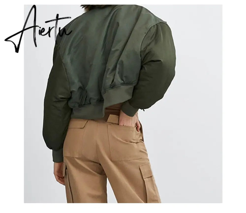 Aiertu  Winter Thicken Bomber Jacket Women Zipper Cropped Coat Long Sleeve Oversized Outwear Vintage Puffer Jackets Parkas Aiertu