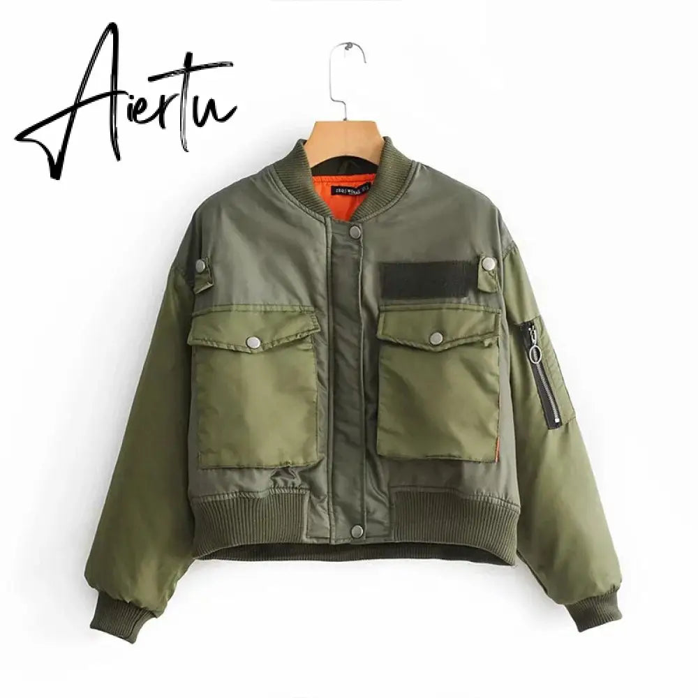 Aiertu  Winter Thicken Bomber Jacket Women Zipper Cropped Coat Long Sleeve Oversized Outwear Vintage Puffer Jackets Parkas Aiertu