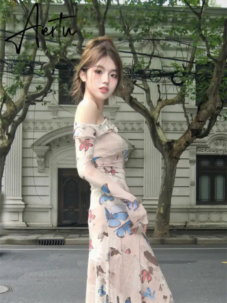 Aiertu Winter Vintage Sexy One Piece Dress Women Off Shoulder Elegant Midi Dress Female Korean Butterfly Print Fashion Party Dress 2024 Aiertu