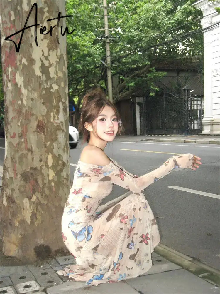 Aiertu Winter Vintage Sexy One Piece Dress Women Off Shoulder Elegant Midi Dress Female Korean Butterfly Print Fashion Party Dress 2024 Aiertu