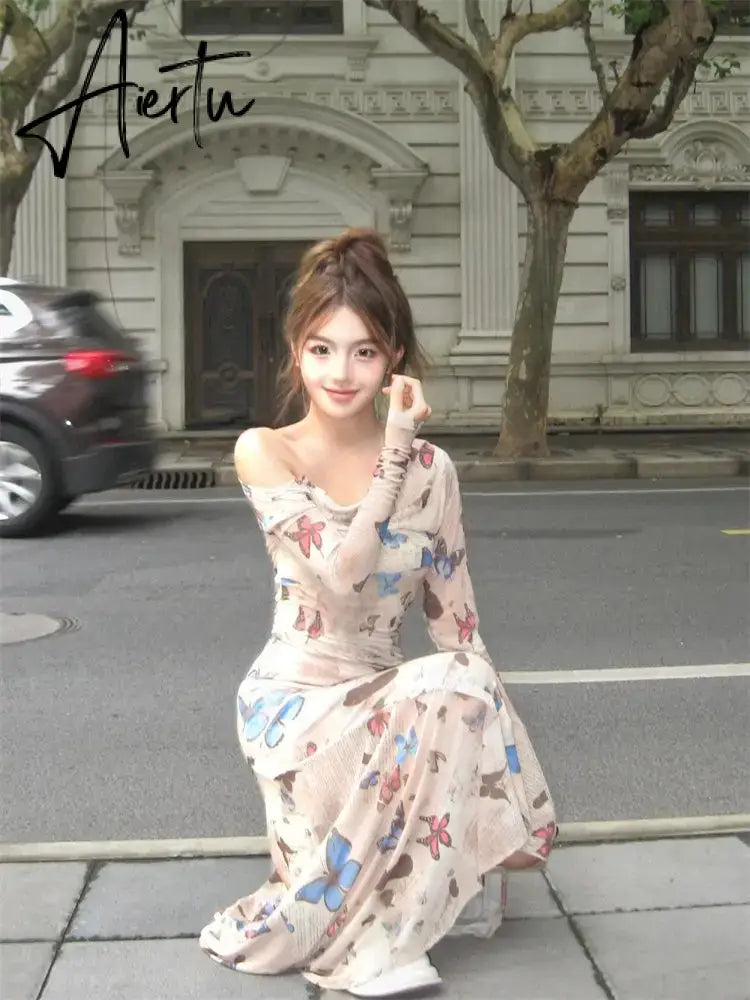 Aiertu Winter Vintage Sexy One Piece Dress Women Off Shoulder Elegant Midi Dress Female Korean Butterfly Print Fashion Party Dress 2024 Aiertu