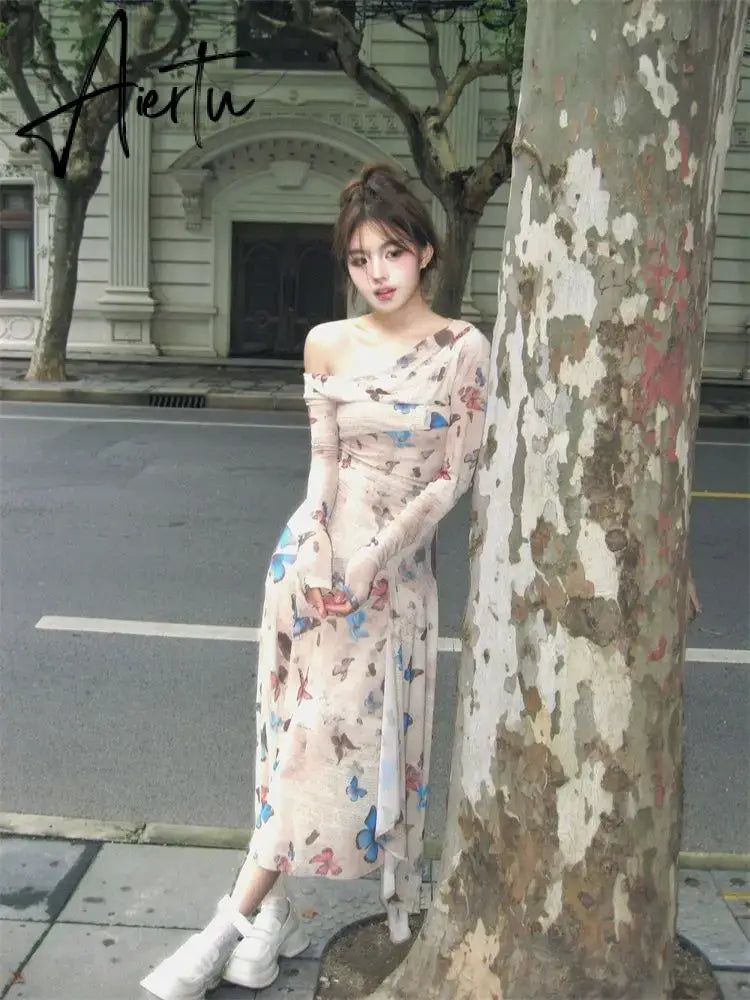 Aiertu Winter Vintage Sexy One Piece Dress Women Off Shoulder Elegant Midi Dress Female Korean Butterfly Print Fashion Party Dress 2024 Aiertu