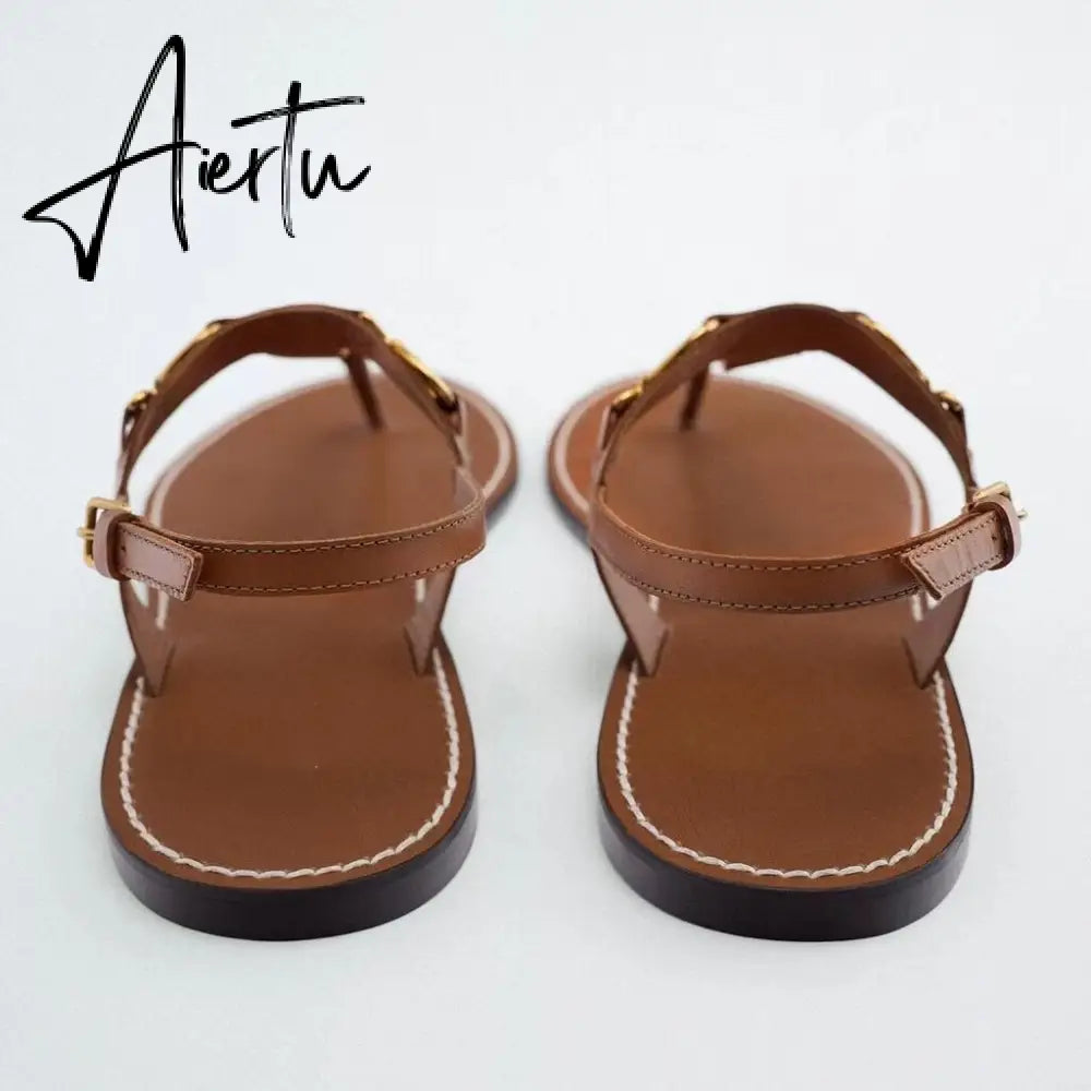 Aiertu Woman Brown T-strap Slipper Metal Button Round Toe Casual Flat Sandals Vintage Street Comfortable Flats Women Summer Aiertu