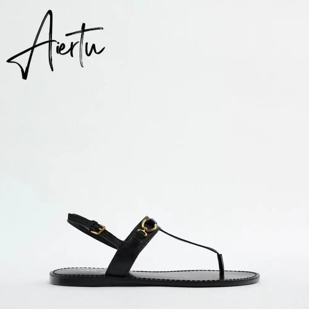 Aiertu Woman Brown T-strap Slipper Metal Button Round Toe Casual Flat Sandals Vintage Street Comfortable Flats Women Summer Aiertu