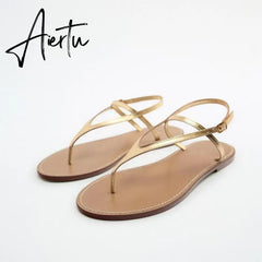 Aiertu Woman Brown T-strap Slipper Metal Button Round Toe Casual Flat Sandals Vintage Street Comfortable Flats Women Summer Aiertu