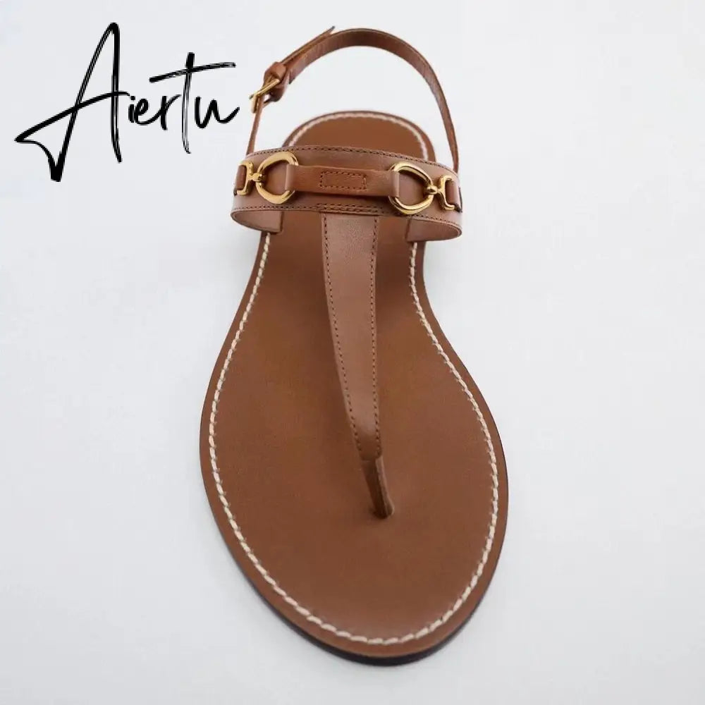 Aiertu Woman Brown T-strap Slipper Metal Button Round Toe Casual Flat Sandals Vintage Street Comfortable Flats Women Summer Aiertu