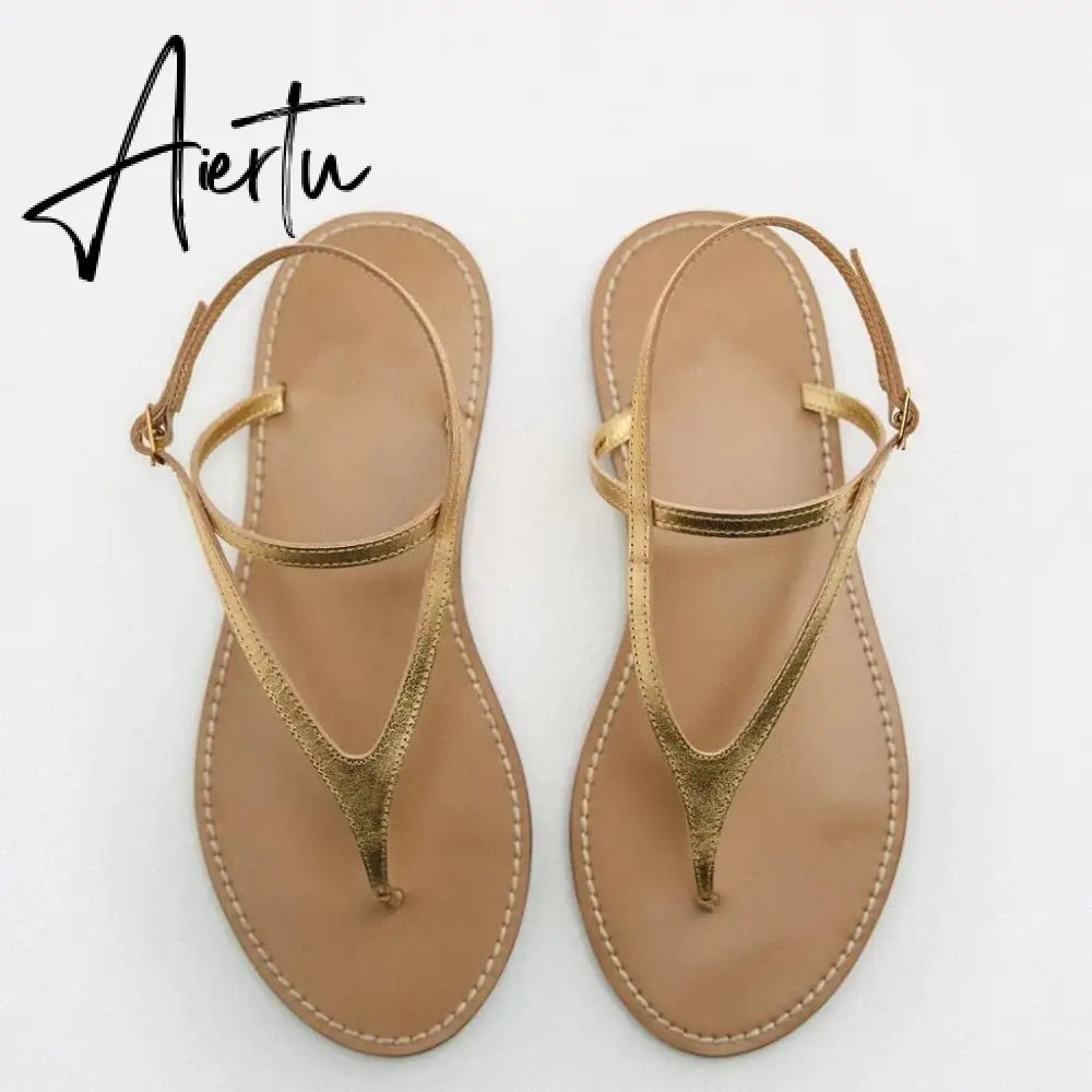 Aiertu Woman Brown T-strap Slipper Metal Button Round Toe Casual Flat Sandals Vintage Street Comfortable Flats Women Summer Aiertu