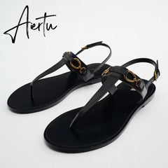Aiertu Woman Brown T-strap Slipper Metal Button Round Toe Casual Flat Sandals Vintage Street Comfortable Flats Women Summer Aiertu