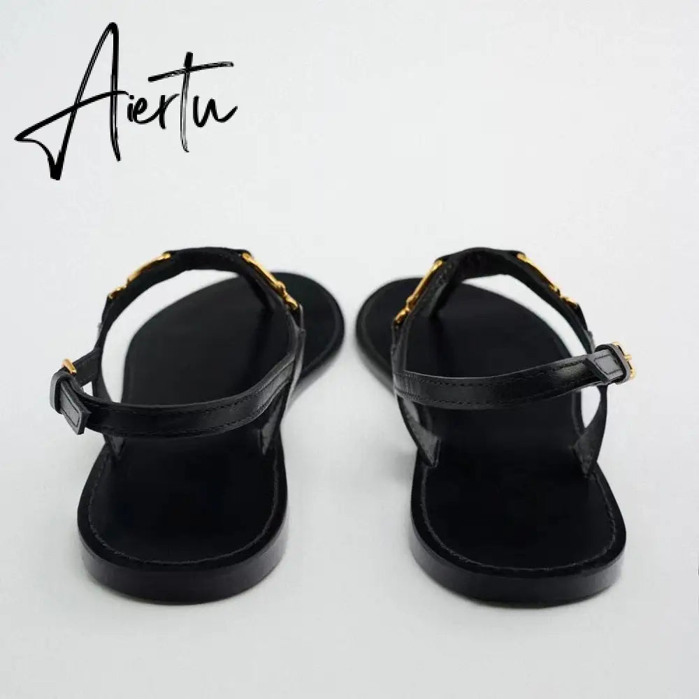 Aiertu Woman Brown T-strap Slipper Metal Button Round Toe Casual Flat Sandals Vintage Street Comfortable Flats Women Summer Aiertu
